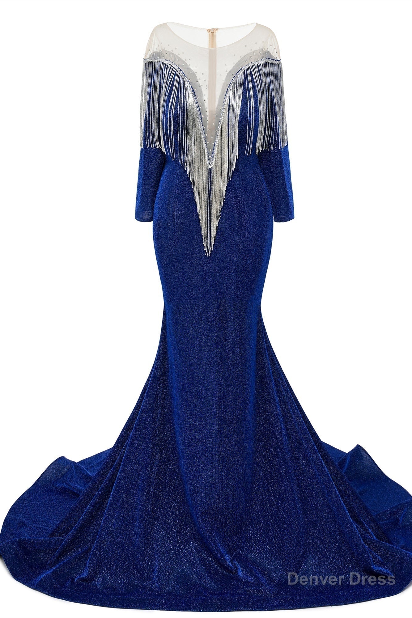 Deep V-neck Shiny Royal Blue Long sleeves Mermaid Prom Dress