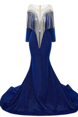 Deep V-neck Shiny Royal Blue Prom Dresses Long sleeves Mermaid Evening Party Dresses