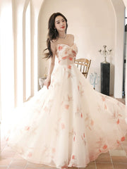 A_line Sweetheart Neck Champagne Long Prom Dresses, Champagne Long Formal Dresses