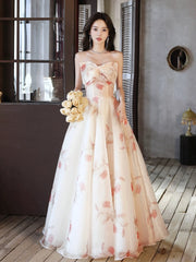 A_line Sweetheart Neck Champagne Long Prom Dresses, Champagne Long Formal Dresses