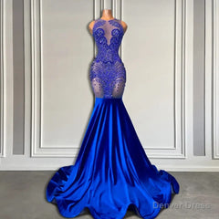 Sleeveless Royal Blue Scoop Neck Mermaid Prom Dress with Beadings