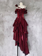 Red Shimmer Asymmetrical Layered Flounce Spaghetti Strap Dresses Evening Gown