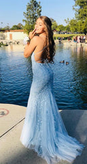 Light Blue Mermaid Lace Prom Dresses , Pageant Dresses, Evening Dresses, Dance Dresses