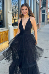 Black A-line Deep V Neck Cross Back Tulle Multi-Layers Long Prom Dresses