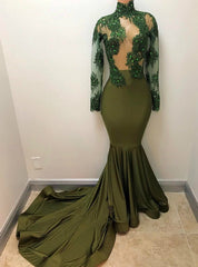 African Mermaid Green Sheer Corset Long Sleeves Evening Dresses