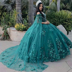 Dark Green Organza Off-the-Shoulder Ball Gown Quinceanera Dresses