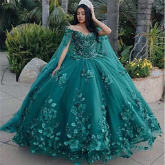 Dark Green Organza Off-the-Shoulder Ball Gown Quinceanera Dresses