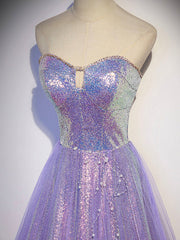 Aline Purple Sweetheart Neck Tulle Long Prom Dresses, Purple Evening Dresses