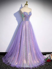 Aline Purple Sweetheart Neck Tulle Long Prom Dresses, Purple Evening Dresses