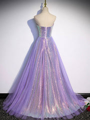 Aline Purple Sweetheart Neck Tulle Long Prom Dresses, Purple Evening Dresses