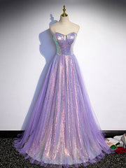 Aline Purple Sweetheart Neck Tulle Long Prom Dresses, Purple Evening Dresses