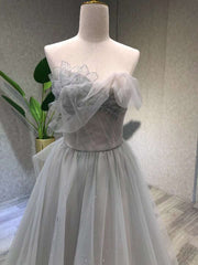 A line Tea Length Gray Prom Dresses, Gray Tulle Homecoming Dresses