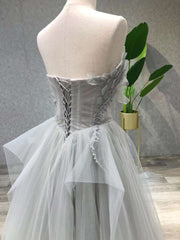 A line Tea Length Gray Prom Dresses, Gray Tulle Homecoming Dresses