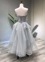 A line Tea Length Gray Prom Dresses, Gray Tulle Homecoming Dresses