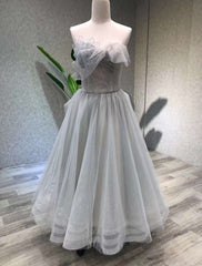 A line Tea Length Gray Prom Dresses, Gray Tulle Homecoming Dresses