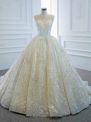 Always Remember Wearing Champagne Ball Gown Tulle Embroidery Pleats Wedding Dresses