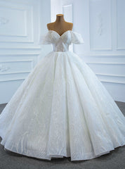 Amazing &amp; Affordable White Ball Gown Tulle Sequins Off the Shoulder Floor Length Wedding Dresses