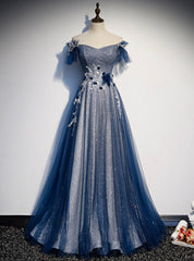 Amazing Blue Tulle Sequins Off the Shoulder Beading Prom Dresses