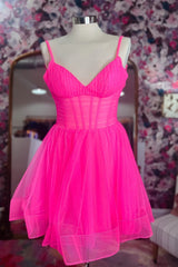 Hot Pink V Neck Straps Tulle Homecoming Dresses