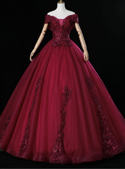 An Extra 40% Off Storewide Burgundy Ball Gown Tulle Appliques Off the Shoulder Quinceanera Dress