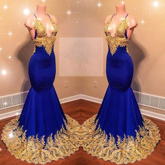 Appliques Spaghetti Sleeveless V-neck Mermaid Prom Dresses