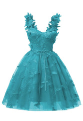 Aqua Blue 3d Butterfly Lace Applique Tulle Homecoming Rochie pentru adolescenți dragă rochii de bal scurte