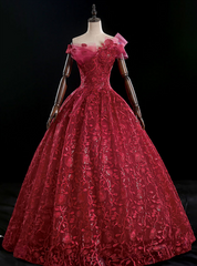 At Great Prices Burgundy Ball Gown Lace Sequins Off the Shoulder Quinceanera Dresses