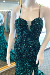 Hunter Green Sequins Deep V Neck Lace-Up Long Prom Dresses with Slit