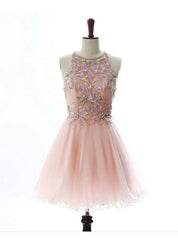 Attractive A lines Pink Homecoming Dresses Open Back Sleeveless Beaded Scoop Mini Homecoming Dresses