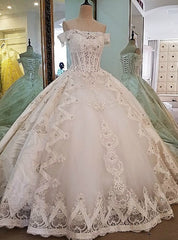 Attractive Bridal Gown Lace Beading Off the Shoulder Ball Gown Lace Wedding Dress