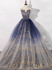 Available In Sizes 0-24 Blue Ball Gown Tulle Gold Stamping Strapless Quinceanera Dresses