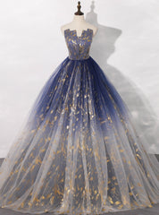 Available In Sizes 0-24 Blue Ball Gown Tulle Gold Stamping Strapless Quinceanera Dress