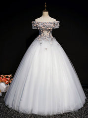 Available In Sizes 0-24 Gray Ball Gown Tulle Appliques Off the Shoulder Short Sleeve Quinceanera Dresses