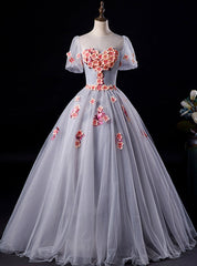 Available In Sizes 0-24 Gray Ball Gown Tulle Appliques Short Sleeve Quinceanera Dresses