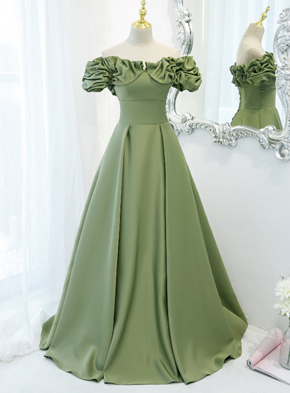 Avocado Green Satin Off the Shoulder Prom Dress