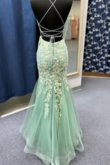 Sage Green Spaghetti Straps Mermaid Prom Dresses With Appliques