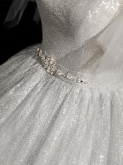 Gray Sparkly Tulle Long Scoop Neckline Prom Dresses, Beautiful A-Line Evening Party Dresses