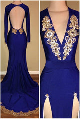 royal blue long sleeve prom Dresses cheap gold beads mermaid evening Dresses with slit