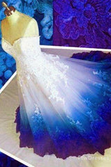 ball gown ombre prom Dresses sweetheart strapless evening Dresses blue applique formal Dresses long prom Dresses