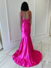 Backless Pink V Neck Long Prom Dresses