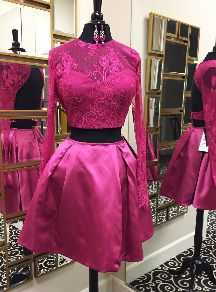 Backless Two Piece Homecoming Dress Beaded Fuchsia Lace Long Sleeves