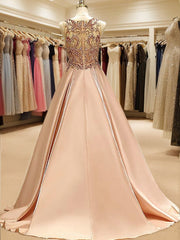 Ball-Gown Bateau Beading Sweep Train Satin Dresses