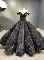 Ball Gown Black Sequins Off the Shoulder Appliques Prom Dresses