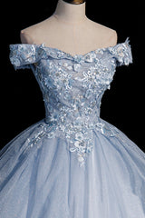 Ball Gown Blue Tulle Lace Long Party Dresses, Off the Shoulder Evening Dresses