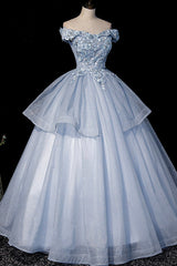 Ball Gown Blue Tulle Lace Long Party Dresses, Off the Shoulder Evening Dresses