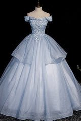 Ball Gown Blue Tulle Lace Long Party Dresses, Off the Shoulder Evening Dresses