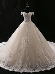 Ball Gown Champagne Off The Shoulder Tulle Appliques Wedding Dresses