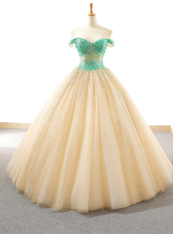 Ball Gown Champagne Tulle Sequins Off The Shoulder Wedding Dress