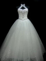 Ball-Gown Halter Beading Floor-Length Tulle Wedding Dresses