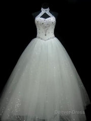 Ball Gown Halter Floor-Length Tulle Wedding Dresses With Beading